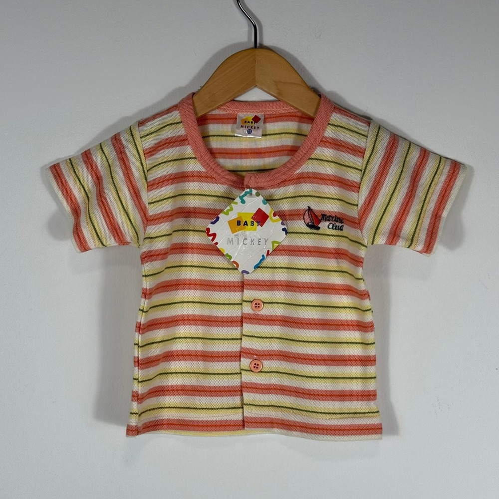 Vintage Baby Mickey Striped Short Sleeve Button Shirt Marine Club Orange Size M